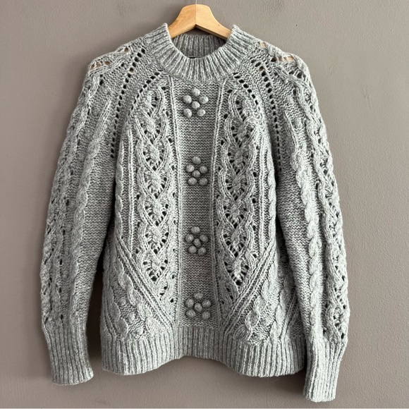 J.Crew Wool Alpaca Blend Cable Knit Pointelle Popcorn Flower Sweater Gray XSmall - Picture 1 of 13